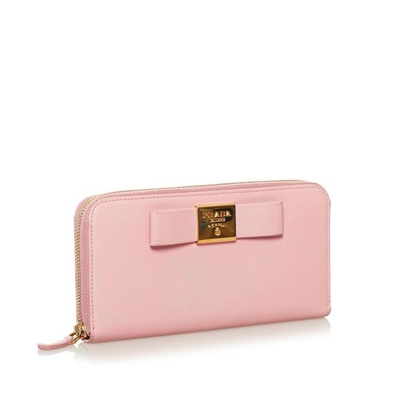 Prada Handbags - Prada Pink Saffiano Leather Bow Zip Around Long Wallet Gold Hardware Italy